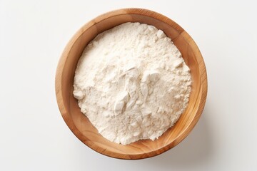 Fototapeta na wymiar Flour in wooden bowl on white background