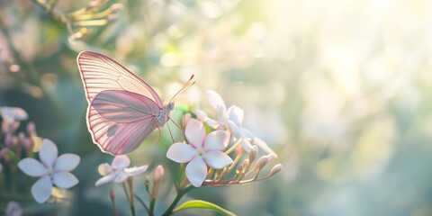 Rosa Schmetterling sitzt auf Blumen in schönen Pastell Farbe und schönem Sonnenlicht, ai generativ