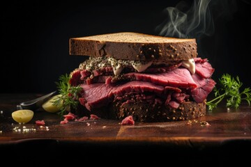 A pastrami sandwich on rye bread garnished with mustard and fresh herbs presented on a wooden surface