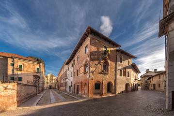 Carignano, Turin, Italy - Panorama view between Via Frichieri and Via Monte di Pietà with a house...