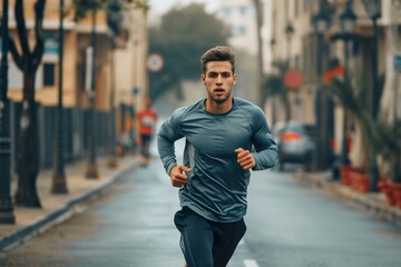 Young man athlete jogging in the city doing cardio outdoor