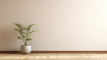 Natural Tranquility: 3D Rendering of Room with Wooden Paneling, Beige Stucco Wall, and Pot with Grass