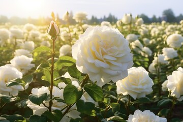 close-up shot of white roses blooming in the garden generative ai