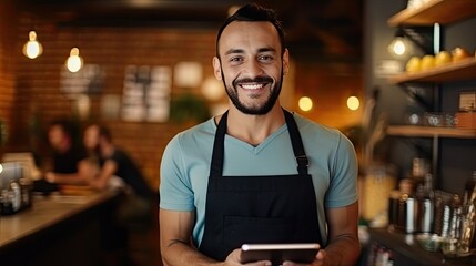 portrait of waiter smiling on tablet in restaurant, cafe or coffee shop for motivation, success or goal mindset. Happy employee, worker or technology startup for growth, management or trust - obrazy, fototapety, plakaty