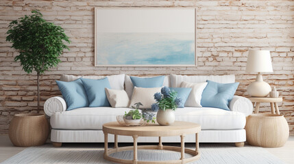 Country Chic Comfort: White Sofa and Wicker Round Table in Modern Living Room