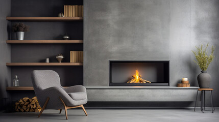Contemporary Comfort: Grey Chair by Fireplace Against Concrete Wall in Modern Living Room
