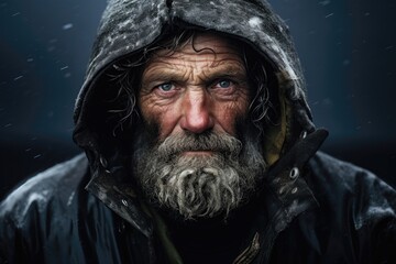 Intense portrait of an older fisherman in a hooded jacket in the rain.