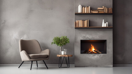 Contemporary Comfort: Grey Chair by Fireplace Against Concrete Wall in Modern Living Room