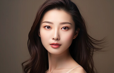 Asian young woman with face beautiful skin on brown background, Closeup