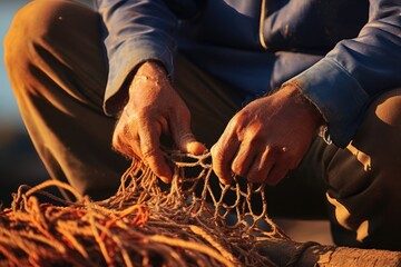 An elderly fisherman expertly mending a fishing net with his weathered hands. - obrazy, fototapety, plakaty