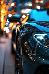 A detailed view of a car parked on a bustling city street. This image can be used to depict urban life and transportation