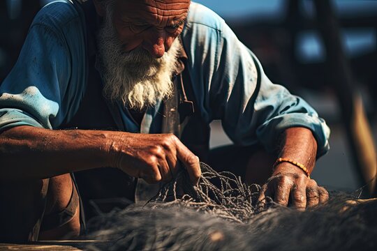 Elderly fisherman mending nets, showcasing skill and concentration.