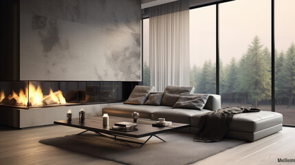 Contemporary Coziness: Minimalist Design with Grey Corner Sofa and Glass Fireplace