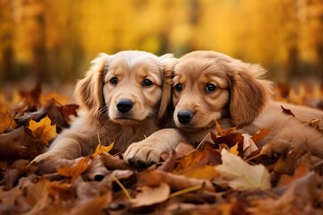 Cute dogs in autumn leaves