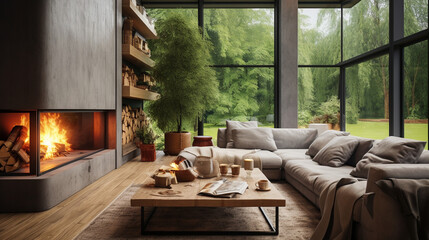 Sleek Simplicity: Grey Corner Sofa by Glass Fireplace in Modern Living Room