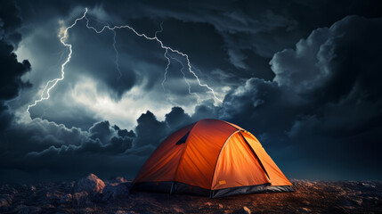 Incredible sky with lightning and tent camp. Danger tourism concept - obrazy, fototapety, plakaty