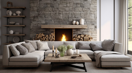 Sleek Simplicity: Grey Corner Sofa by Glass Fireplace in Modern Living Room