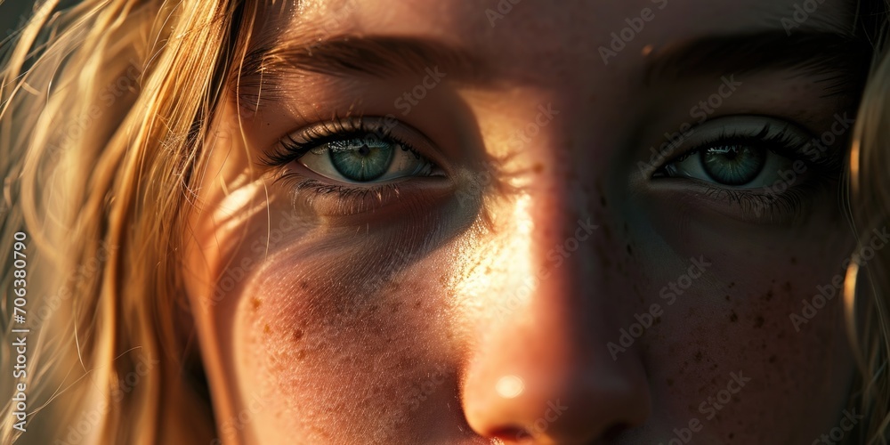 Poster a close up image of a woman with freckles on her face. this versatile picture can be used for variou