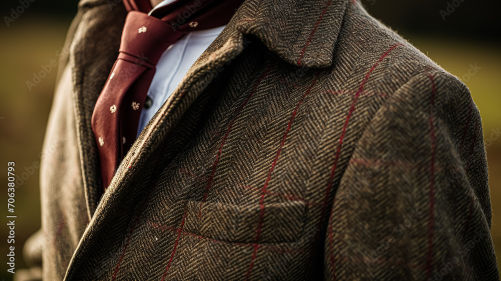 Poster Menswear autumn winter clothing and tweed accessory collection in the English countryside, man fashion style, classic gentleman look