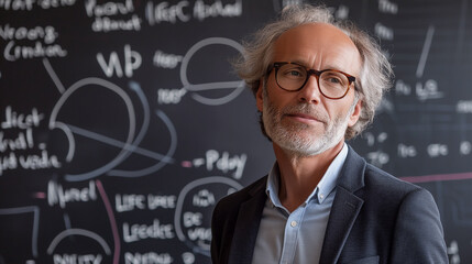 Portrait of a University professor with blackboard on the background. 