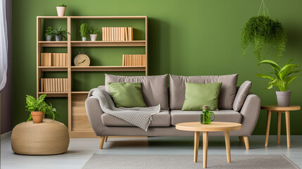 Scandinavian Serenity: Grey Sofa with Green Accents in Modern Living Space