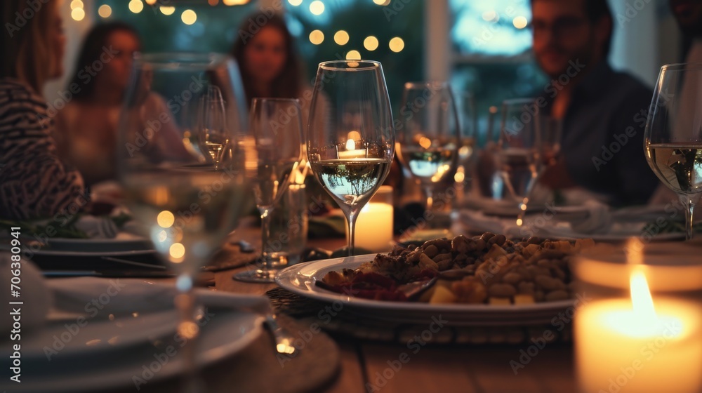 Poster a group of people sitting at a dinner table. suitable for various dining-related themes and concepts