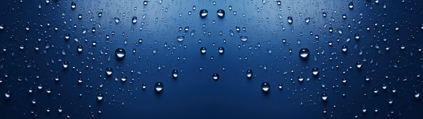 Closeup of single water drops in dark blue background banner, abstract texture of raindrops