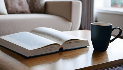 Book and coffee mug kept on table in living room