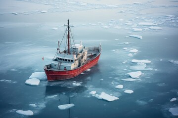 Red fishing boat amidst icy Arctic waters.