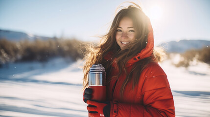 Woman drinking hot tea holding vacuum flask in winter park. Drinks to warm up in snowy frosty weather outdoors during walk