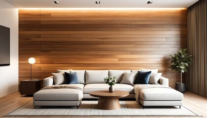 Fototapeta na wymiar Elegant and comfortable minimal living room interior design and wood wall texture background