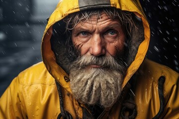 Weathered fisherman in a yellow raincoat.