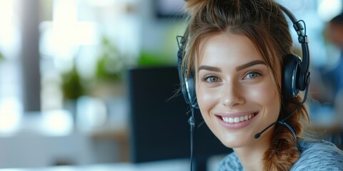 A professional woman wearing a headset in a call center. Perfect for customer service or telemarketing concepts