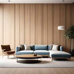 Elegant and comfortable minimal living room interior design and wood wall texture background
