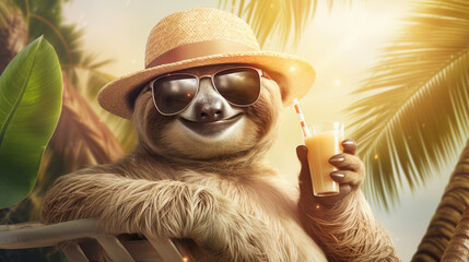 Obraz premium Sunny Sloth Retreat: Happy Sloth in Sunglasses on Beach Chair with Cocktail