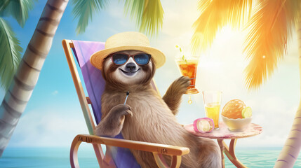 Sunny Sloth Retreat: Happy Sloth in Sunglasses on Beach Chair with Cocktail
