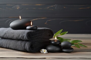 Spa stones with towels and candles on wooden background