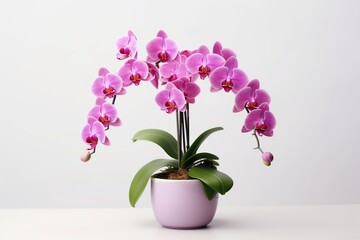 Naklejka na ściany i meble Beautiful purple orchid flower in pot on white background