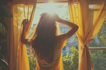 A woman looking out a window at the sun. Suitable for various lifestyle and nature-themed projects