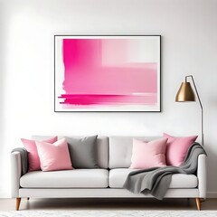 Grey sofa with pink pillows and blanket against white wall with abstract art poster. Interior design of modern living room.