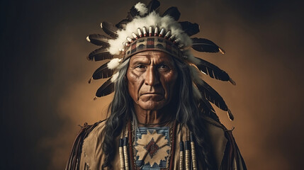 Fototapeta na wymiar A face of an old Native American Indian in full headdress