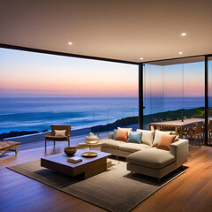 Fototapeta na wymiar Home showcase interior living room with ocean view at dusk