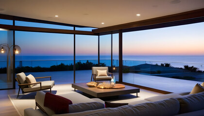 Home showcase interior living room with ocean view at dusk