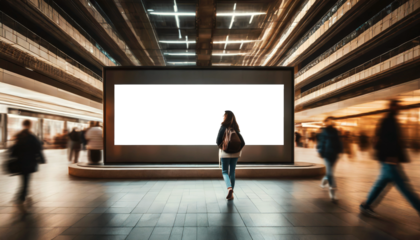 Large empty billboard in a shopping mall isolated on white or transparent background, mockup signboard with copy space area for sale and offers advertisements. Generative Ai. Png.