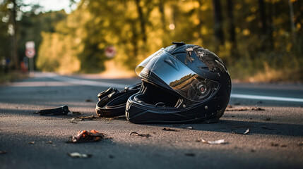 Photo of helmet and motorcycle on road, the concept of road accidents - obrazy, fototapety, plakaty