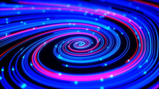 Abstract glowing lines of blue and red colors twist into a spiral, 3D animation