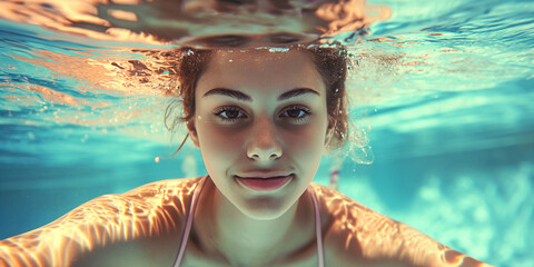 Hübsches Frauen Gesicht Unterwasser Nahaufnahmen Querformat füt Banner, ai generativ