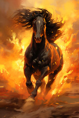 Obraz na płótnie Canvas Majestic Horse Galloping in Fiery Background An animated illustration of a powerful black horse galloping fiercely with a fiery backdrop, embodying energy and freedom. 