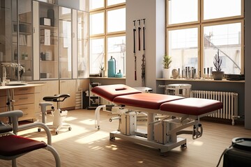  Sunny physiotherapy room with modern equipment and large windows.