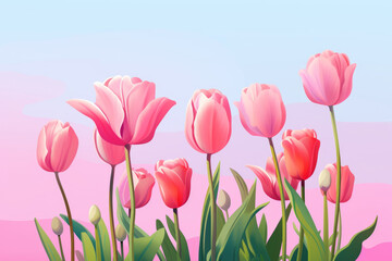 Spring blossoming tulips in garden, springtime bright flowers in the field, pastel and soft floral card, selective focus